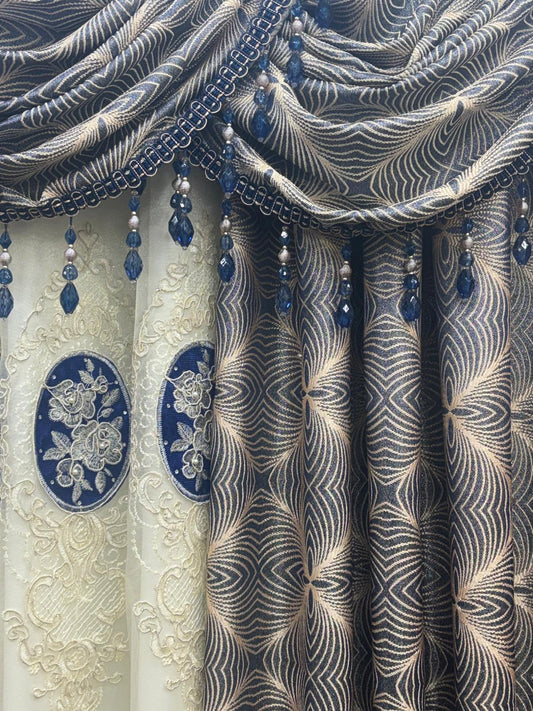 Margo 7 Pc Luxury Navy Curtain Set With Monalisa Embroidered Center Panel & Backing - Stylish Curtains