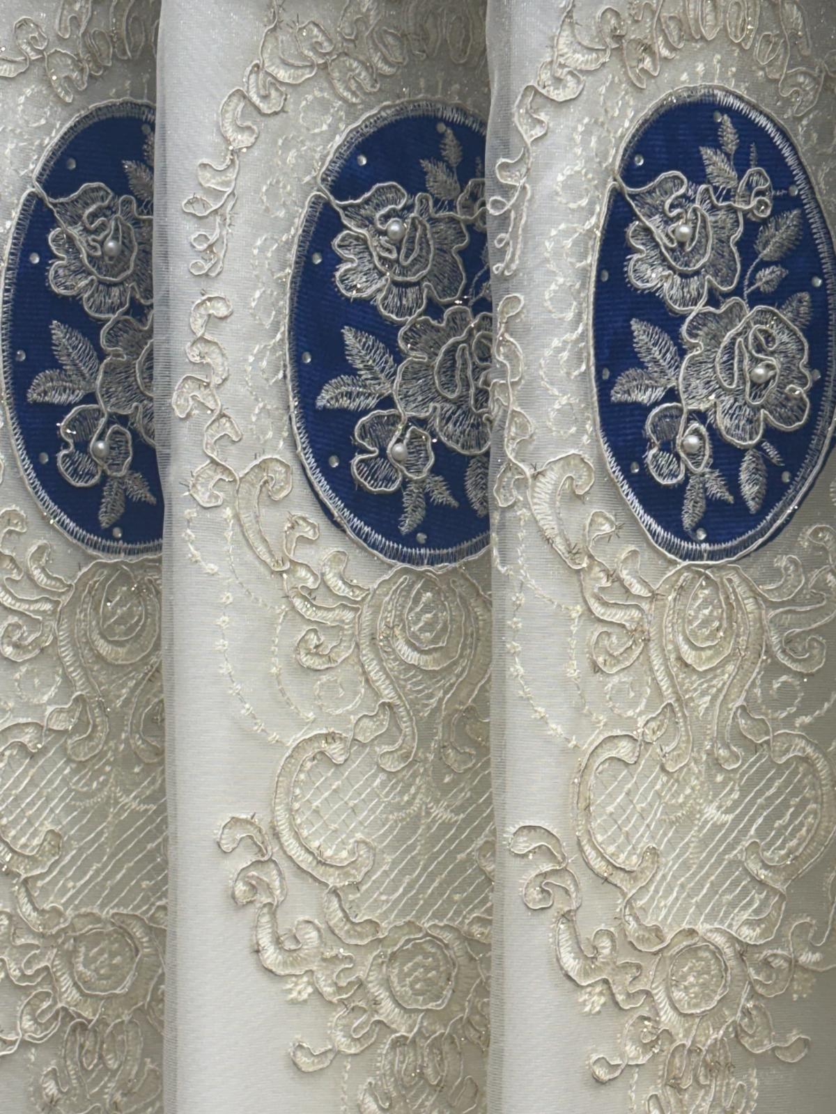 Margo 7 Pc Luxury Navy Curtain Set With Monalisa Embroidered Center Panel & Backing - Stylish Curtains