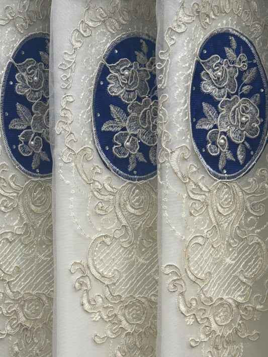 Margo 7 Pc Luxury Navy Curtain Set With Monalisa Embroidered Center Panel & Backing - Stylish Curtains