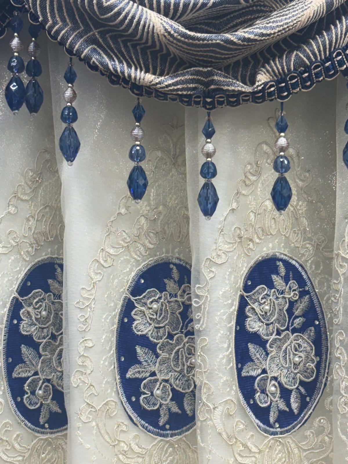 Margo 7 Pc Luxury Navy Curtain Set With Monalisa Embroidered Center Panel & Backing - Stylish Curtains