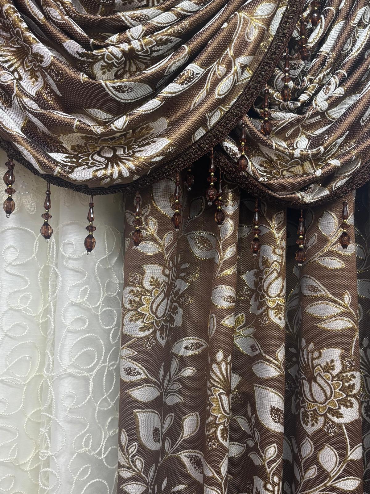 Magnolia Brown 11-Piece Luxury Curtain Set With Avon Embroidered Sheer & Backing – Designer Living Room Curtains - Stylish Curtains