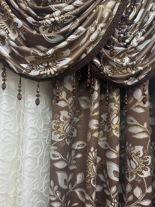 Magnolia Brown 11-Piece Luxury Curtain Set With Avon Embroidered Sheer & Backing – Designer Living Room Curtains - Stylish Curtains