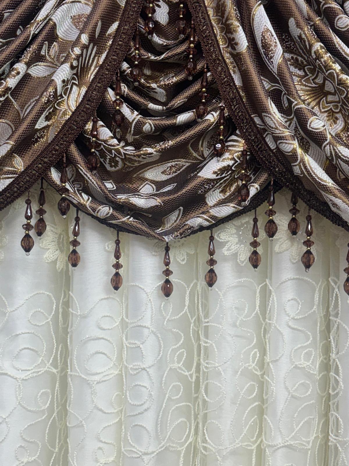 Magnolia Brown 11-Piece Luxury Curtain Set With Avon Embroidered Sheer & Backing – Designer Living Room Curtains - Stylish Curtains