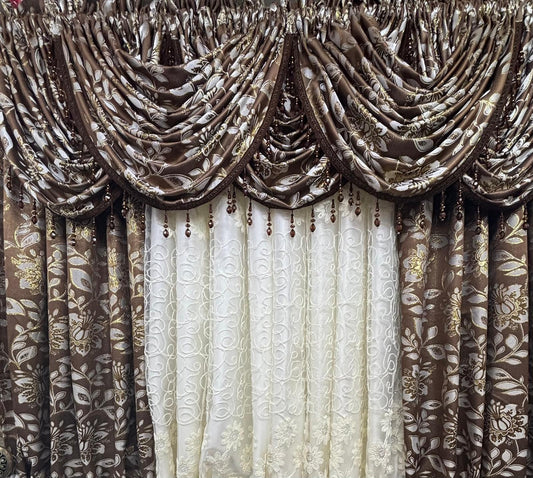 Magnolia Brown 11-Piece Luxury Curtain Set With Avon Embroidered Sheer & Backing – Designer Living Room Curtains - Stylish Curtains