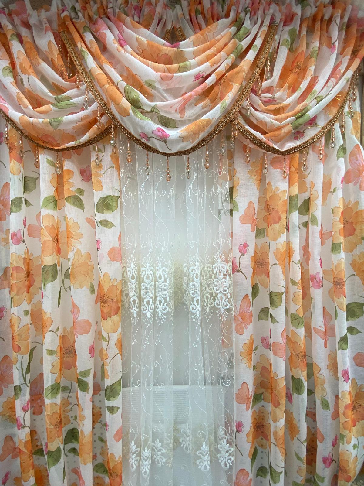 Anika 6-Piece Orange Floral Curtain Set – Anna Embroidered Sheer Panel - Stylish Curtains