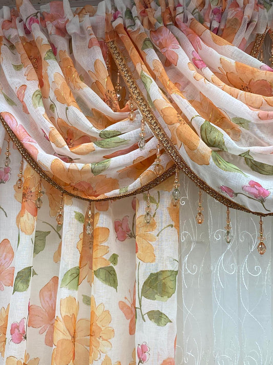 Anika 6-Piece Orange Floral Curtain Set – Anna Embroidered Sheer Panel - Stylish Curtains