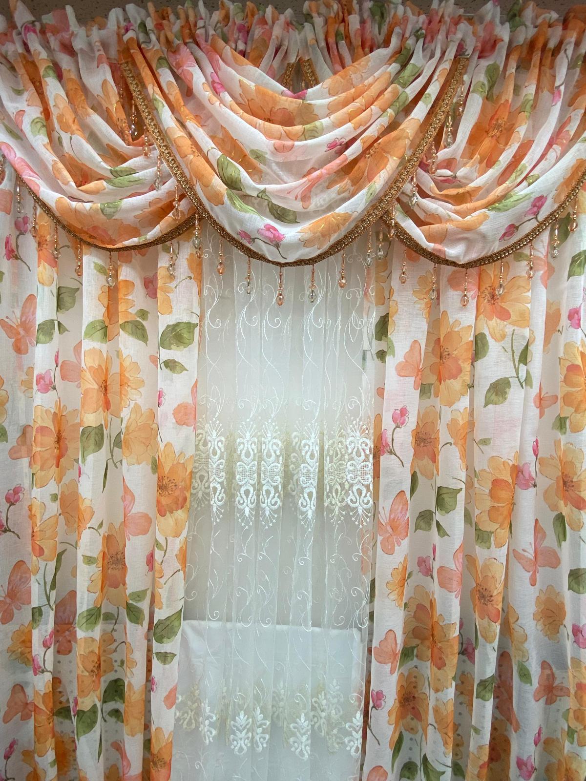 Anika 6-Piece Orange Floral Curtain Set – Anna Embroidered Sheer Panel - Stylish Curtains