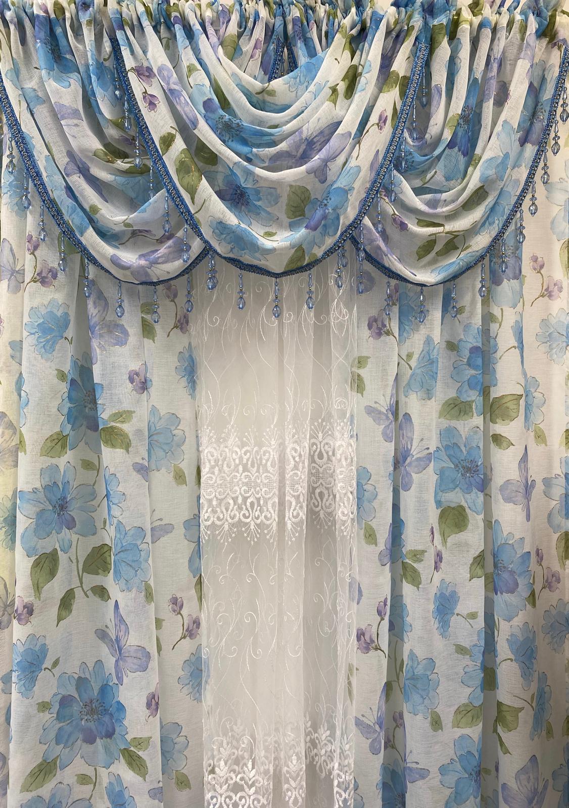 Anika 6-Piece Blue Floral Curtain Set – Amy Embroidered Sheer Panel - Stylish Curtains