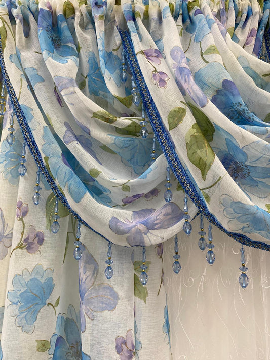 Anika 6-Piece Blue Floral Curtain Set – Amy Embroidered Sheer Panel - Stylish Curtains