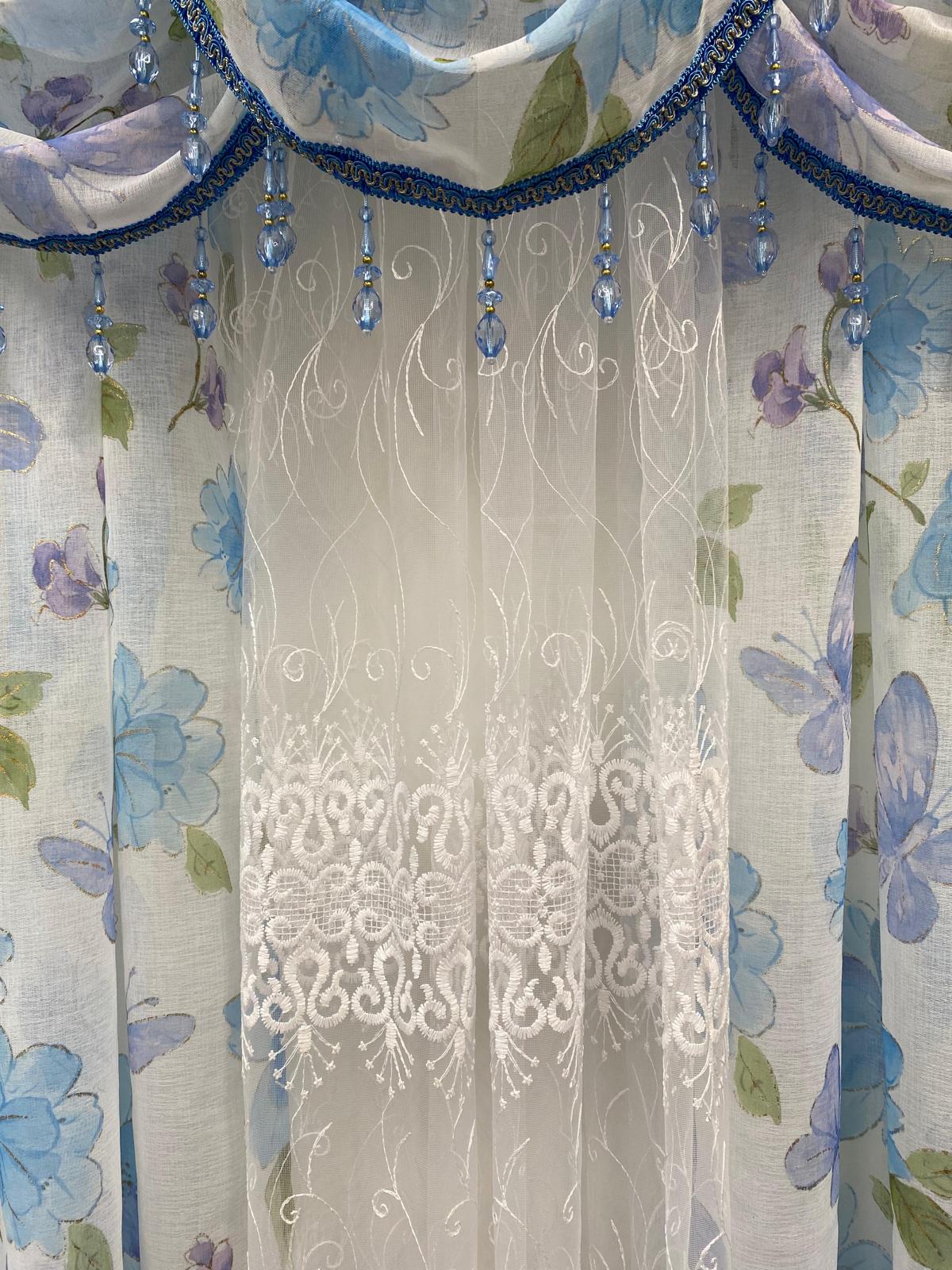 Anika 6-Piece Blue Floral Curtain Set – Amy Embroidered Sheer Panel - Stylish Curtains