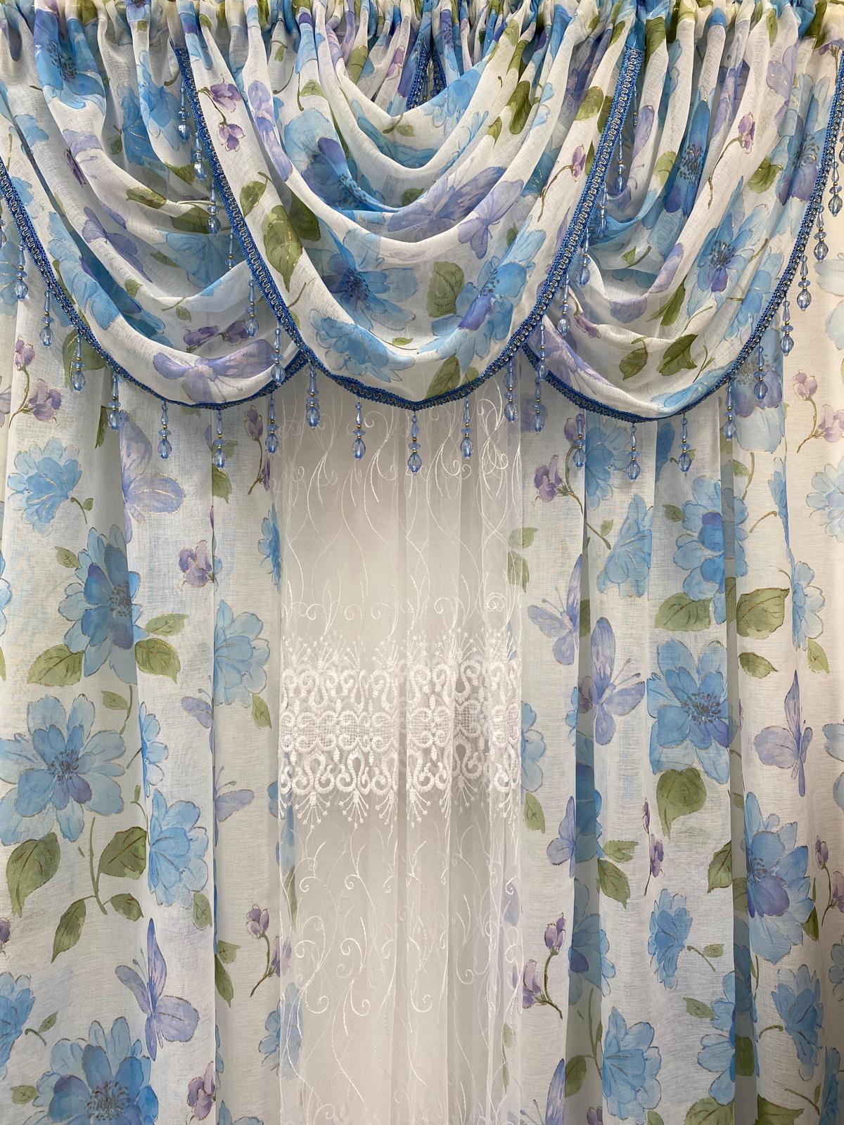 Anika 6-Piece Blue Floral Curtain Set – Amy Embroidered Sheer Panel - Stylish Curtains
