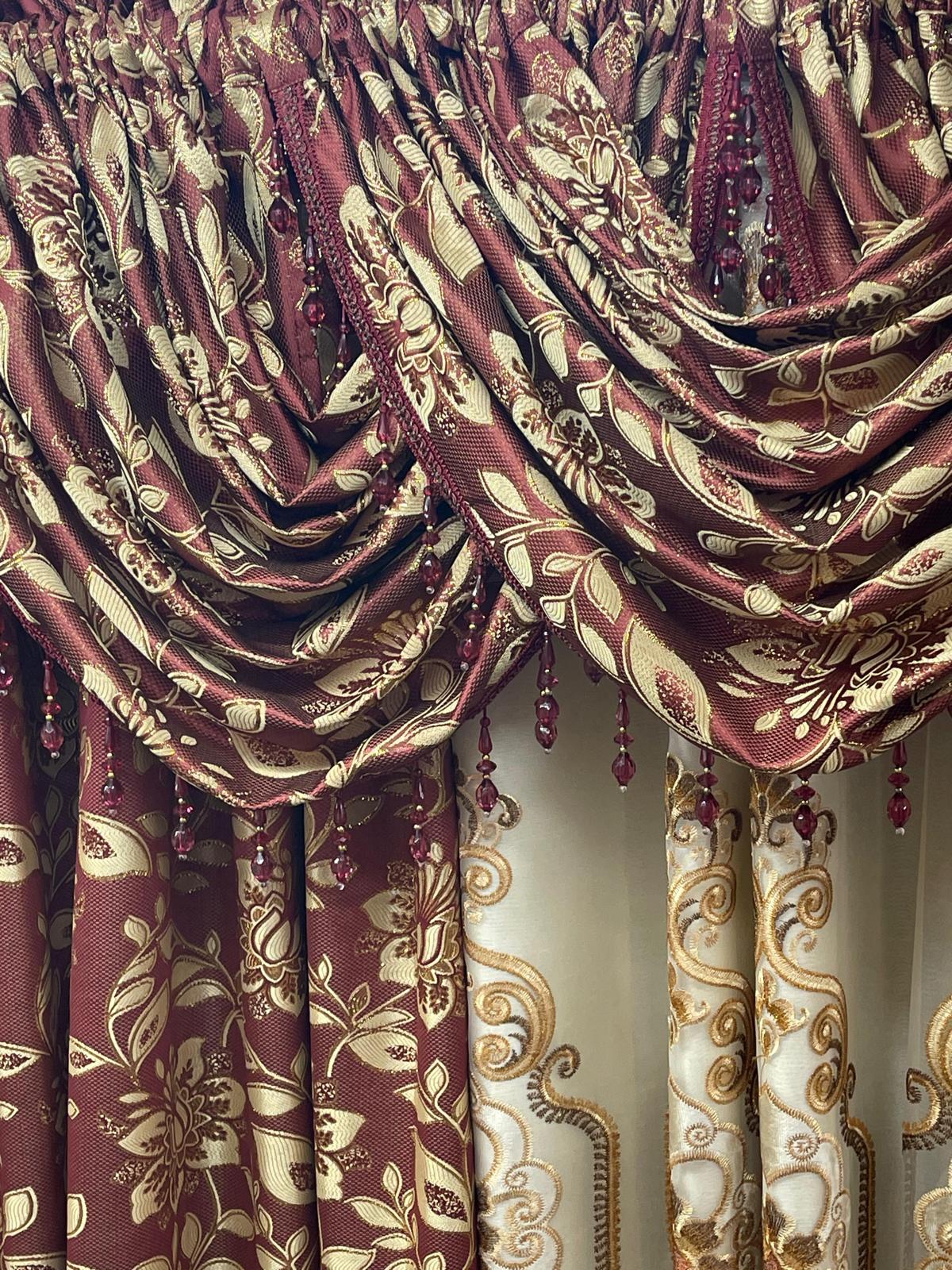 Magnolia Burgundy 7-Piece Luxury Curtain Set With Ritu Embroidered Panel & Backing - Stylish Curtains