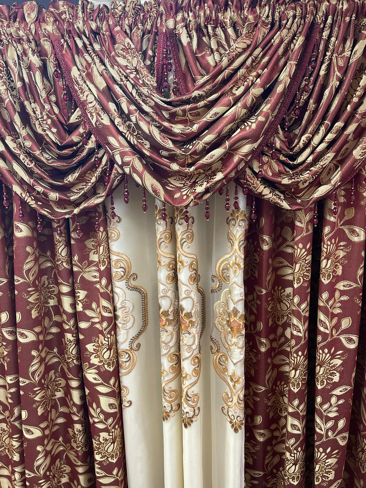 Magnolia Burgundy 7-Piece Luxury Curtain Set With Ritu Embroidered Panel & Backing - Stylish Curtains