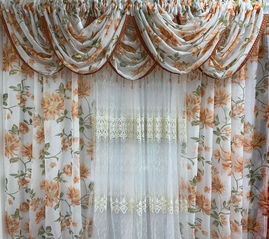 floral curtain fabric close up orange design