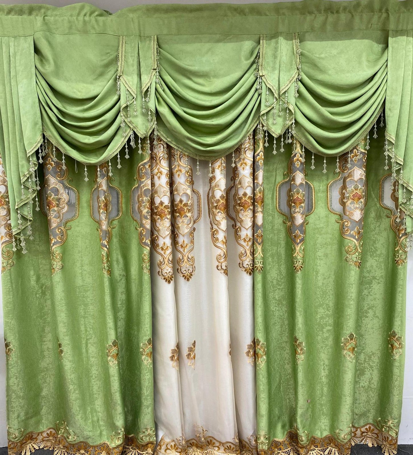 sage green curtain set 5 piece embroidered