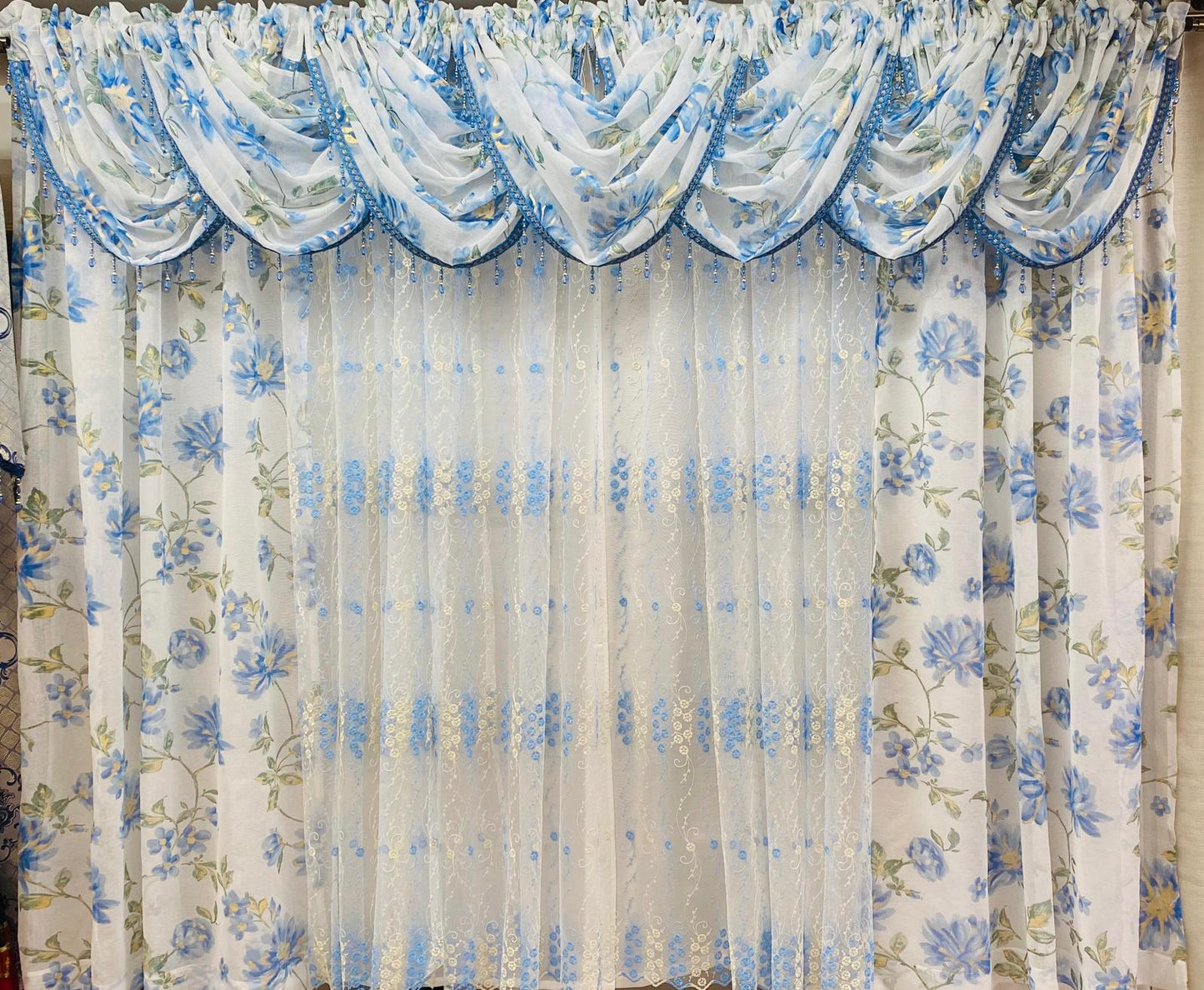 anna blue curtain set full window view with valance and sheer panels