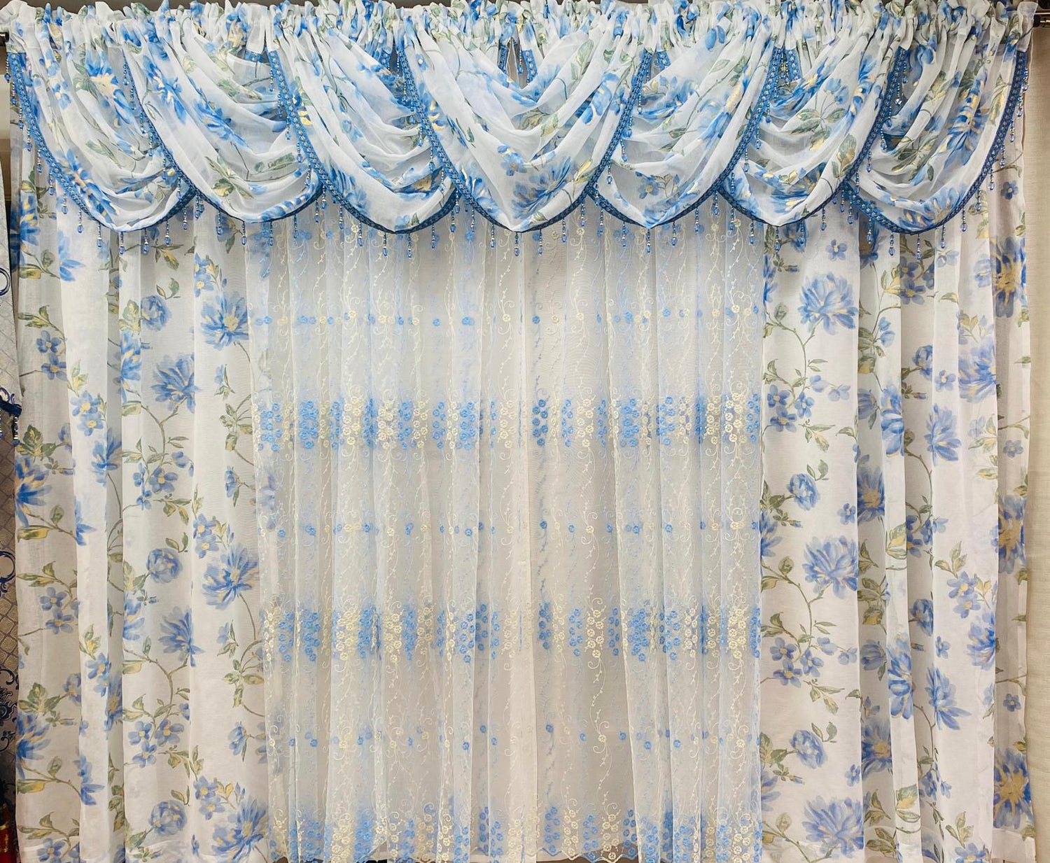 anna blue curtain set full window view with valance and sheer panels