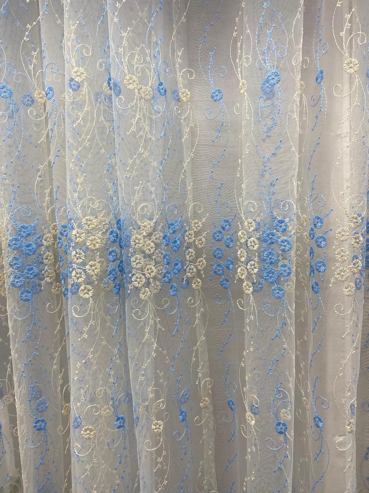 luxury layered curtain design blue embroidery sheer