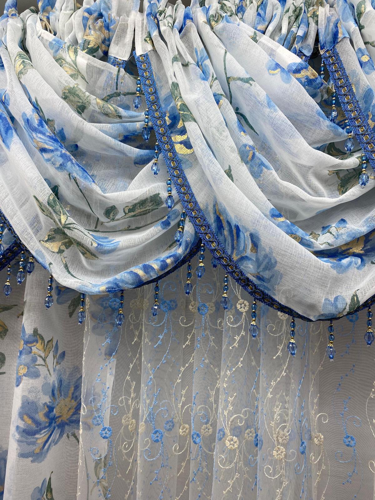 blue floral curtain panel fabric detail