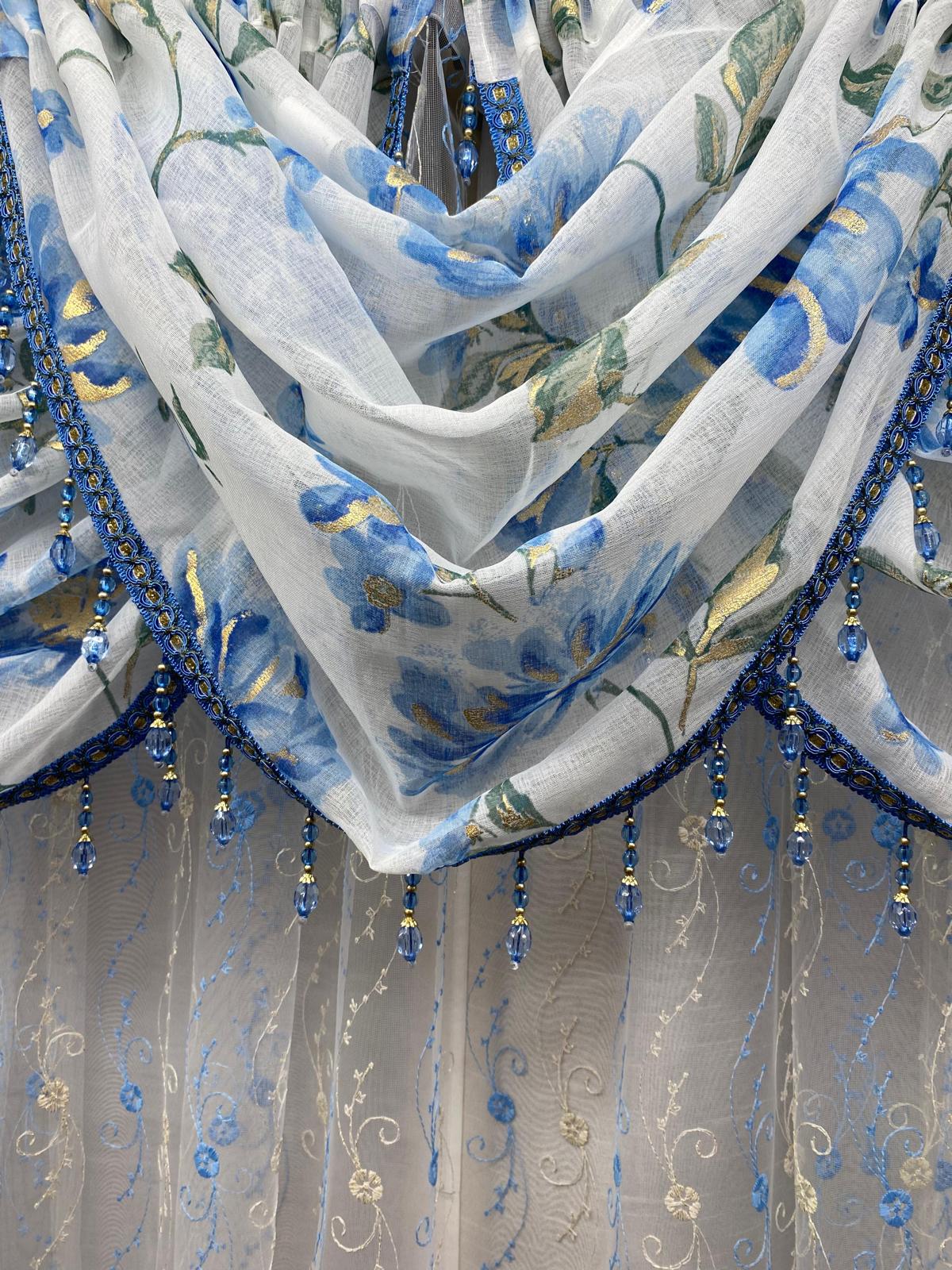 waterfall valance with bead detailing blue curtain