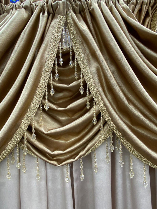 luxury gold waterfall valance curtain close-up with crystal beads