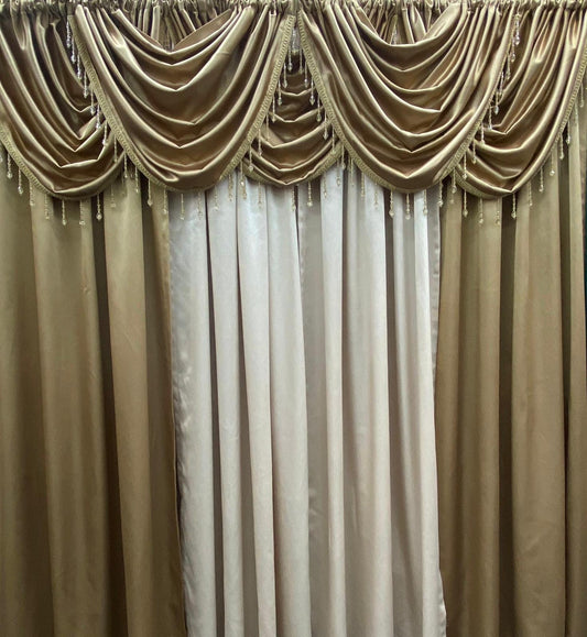 full luxury curtain setup gold and beige panels elegant window styling