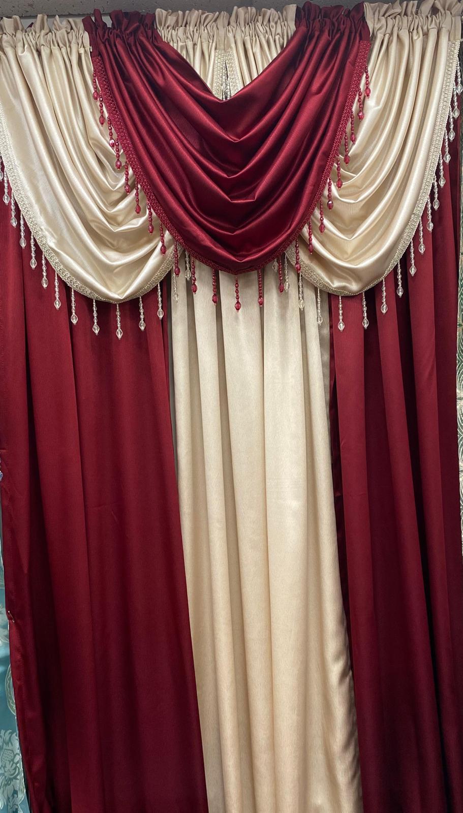 beige and burgundy curtain panel close-up elegant drape