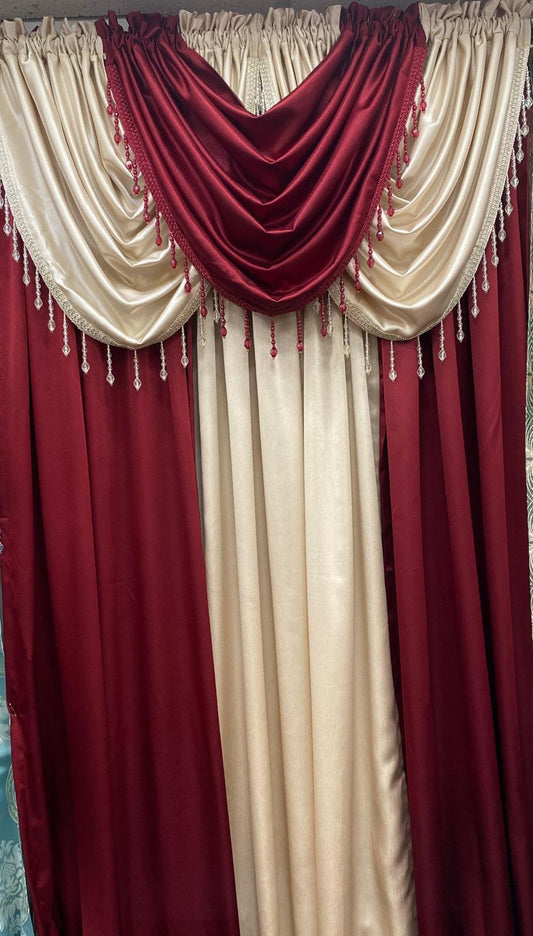 beige and burgundy curtain panel close-up elegant drape