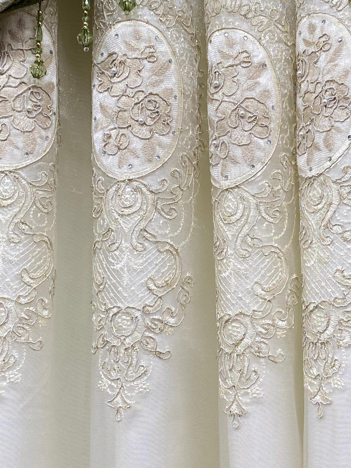 Luxury Tina Sage 5 Pc Curtain Set with Monalisa Embroidered Sheer & Valance | Elegant Designer Drapes for Modern Homes - Stylish Curtains