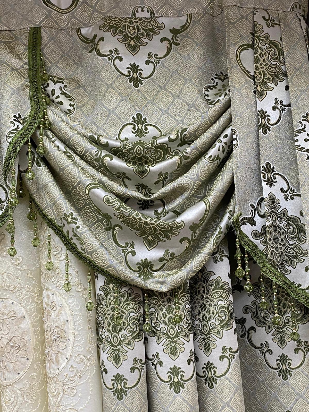 Luxury Tina Sage 5 Pc Curtain Set with Monalisa Embroidered Sheer & Valance | Elegant Designer Drapes for Modern Homes - Stylish Curtains