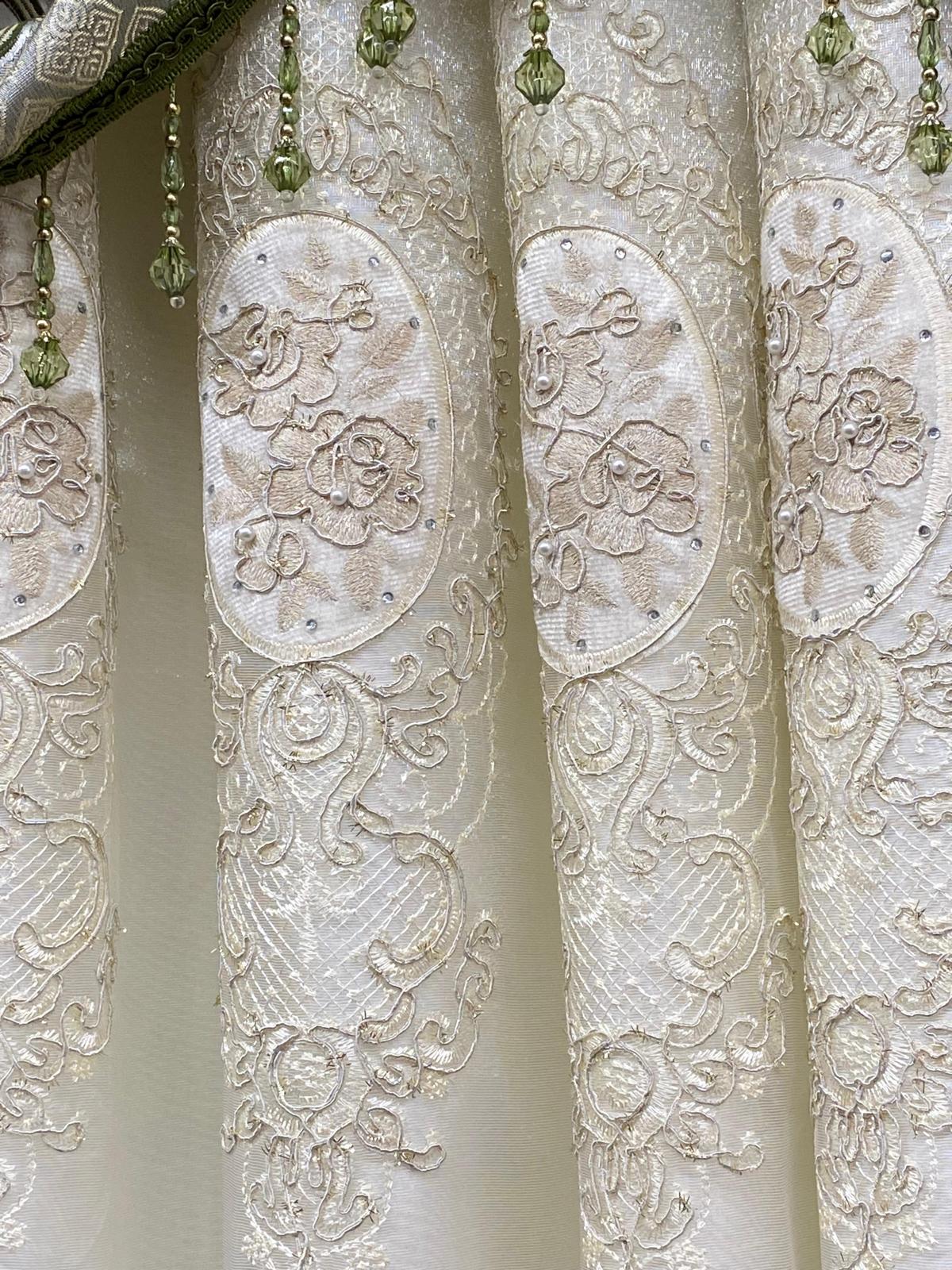 Luxury Tina Sage 5 Pc Curtain Set with Monalisa Embroidered Sheer & Valance | Elegant Designer Drapes for Modern Homes - Stylish Curtains