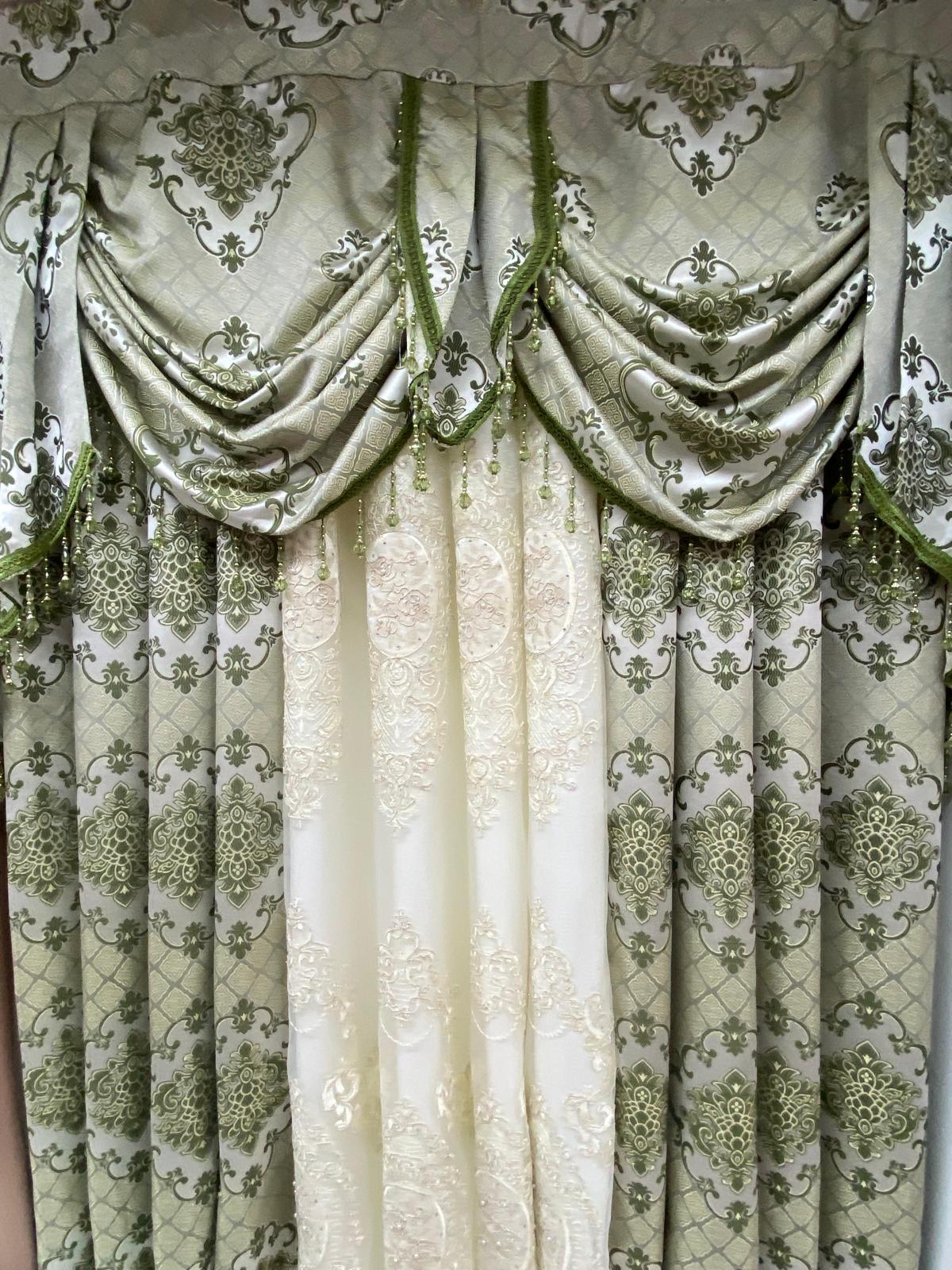 Luxury Tina Sage 5 Pc Curtain Set with Monalisa Embroidered Sheer & Valance | Elegant Designer Drapes for Modern Homes - Stylish Curtains