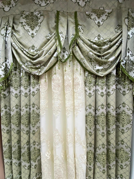 Luxury Tina Sage 5 Pc Curtain Set with Monalisa Embroidered Sheer & Valance | Elegant Designer Drapes for Modern Homes - Stylish Curtains