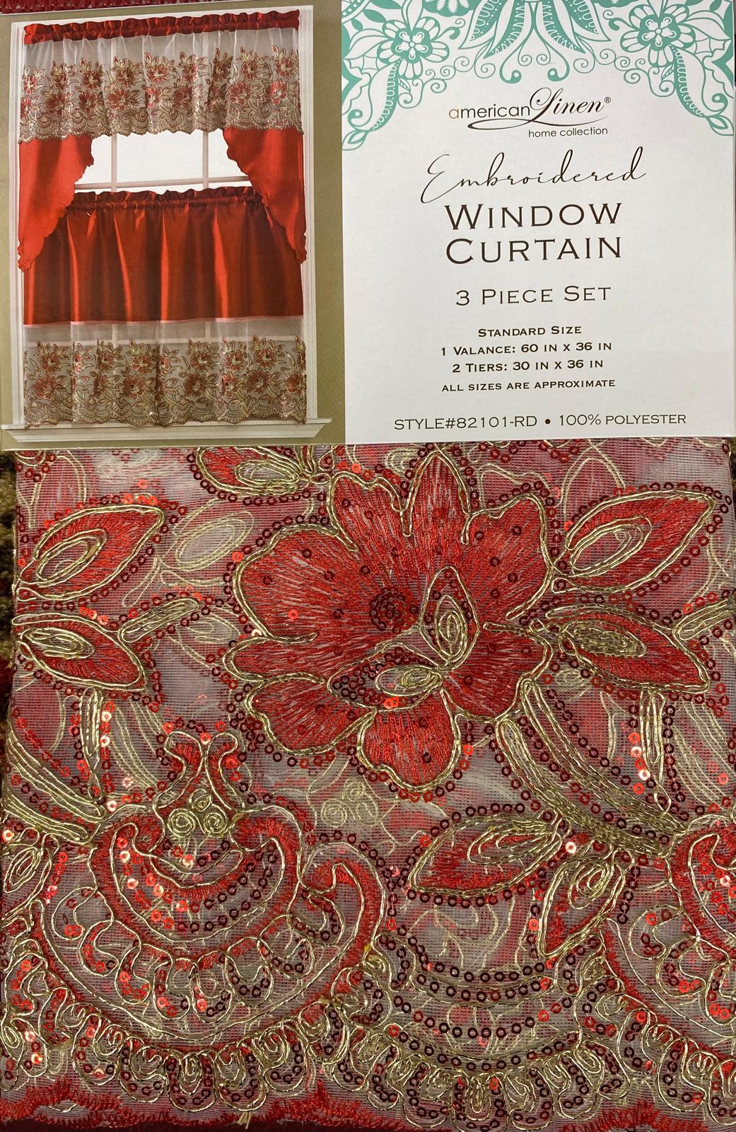 Luxury Red Embroidered Curtain Set 3PC | Kitchen Window Curtains USA - Stylish Curtains