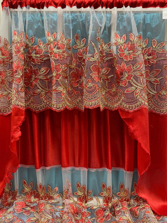Luxury Red Embroidered Curtain Set 3PC | Kitchen Window Curtains USA - Stylish Curtains