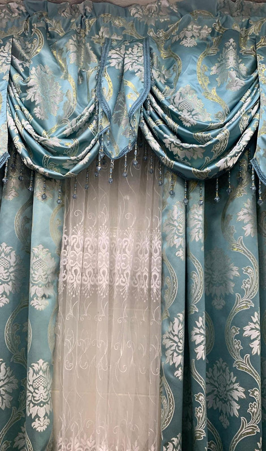 Aqua and White Layered Curtain Set