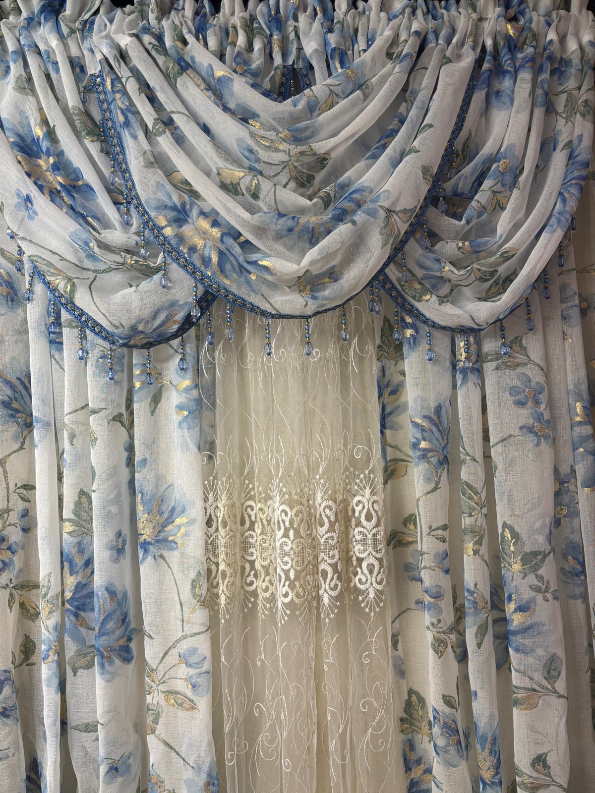 Luxury Anna Blue 6PC Curtain Set With Amy Embroidered Curtain - Stylish Curtains