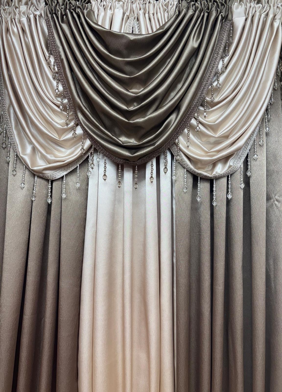 Luxury Regency Taupe & Beige 6PC Curtain Set With Crystal Waterfall Valance - Stylish Curtains