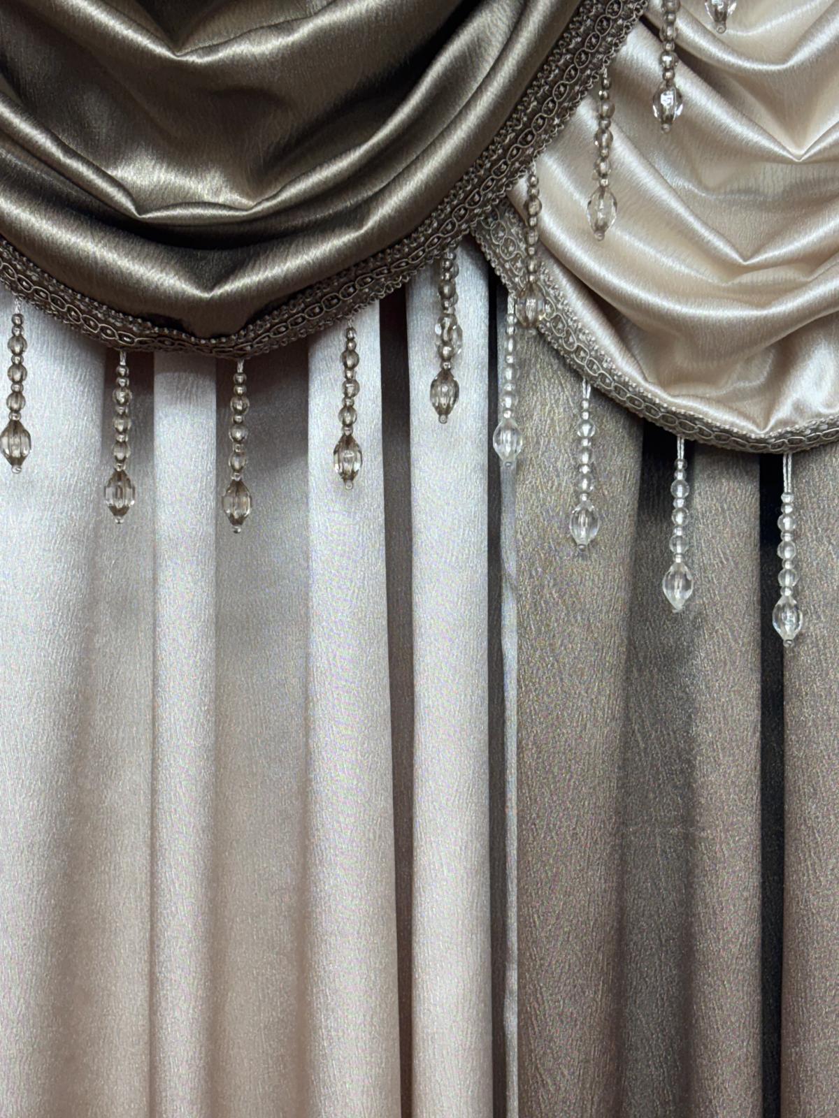 Luxury Regency Taupe & Beige 6PC Curtain Set With Crystal Waterfall Valance - Stylish Curtains