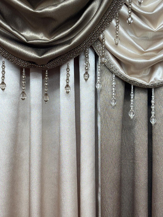 Luxury Regency Taupe & Beige 6PC Curtain Set With Crystal Waterfall Valance - Stylish Curtains
