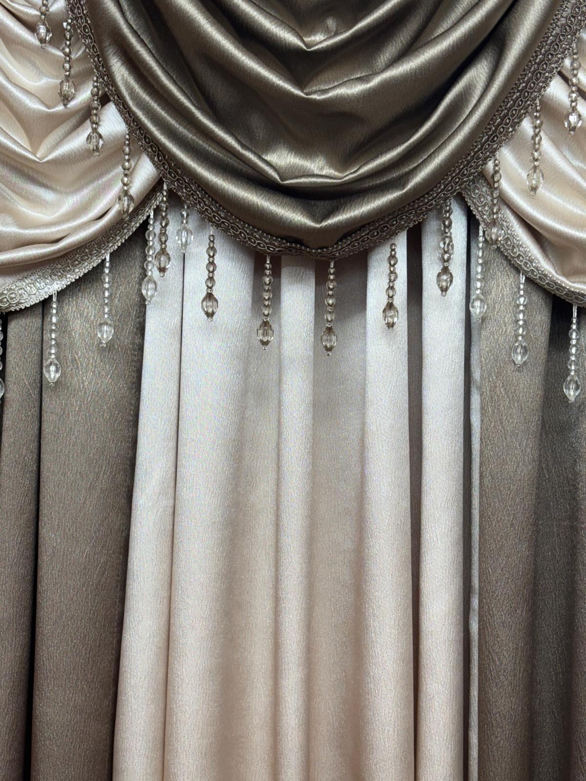 Luxury Regency Taupe & Beige 6PC Curtain Set With Crystal Waterfall Valance - Stylish Curtains