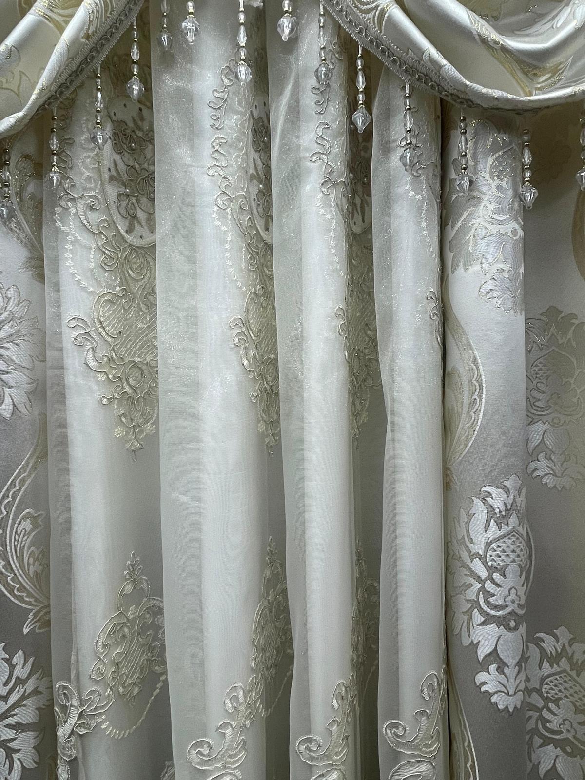 Luxury Mina Beige 5PC Curtain Set With Monalisa Embroidered Curtain - Stylish Curtains