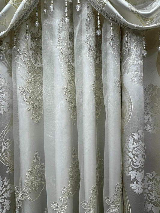 Luxury Mina Beige 5PC Curtain Set With Monalisa Embroidered Curtain - Stylish Curtains