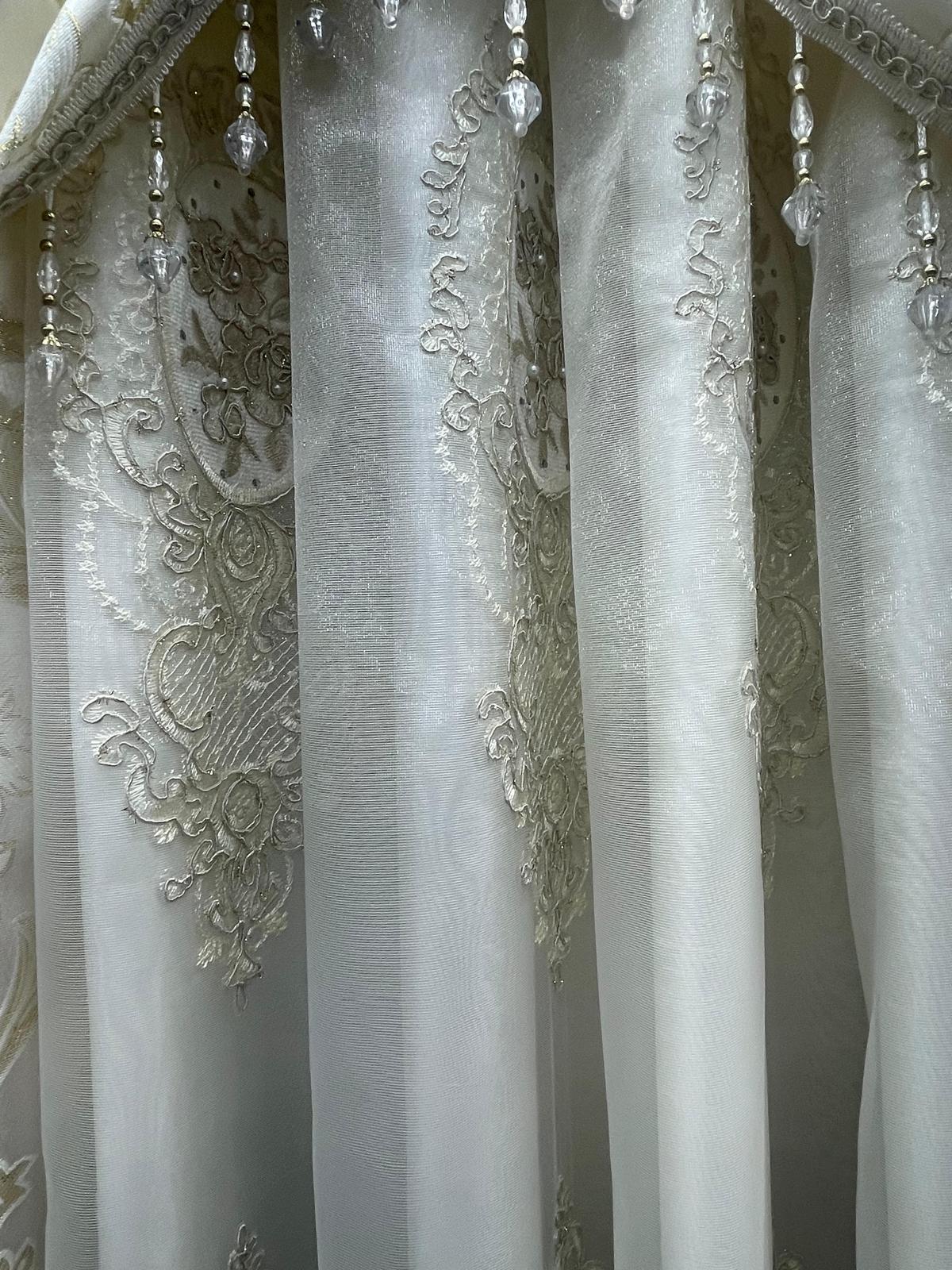 Luxury Mina Beige 5PC Curtain Set With Monalisa Embroidered Curtain - Stylish Curtains