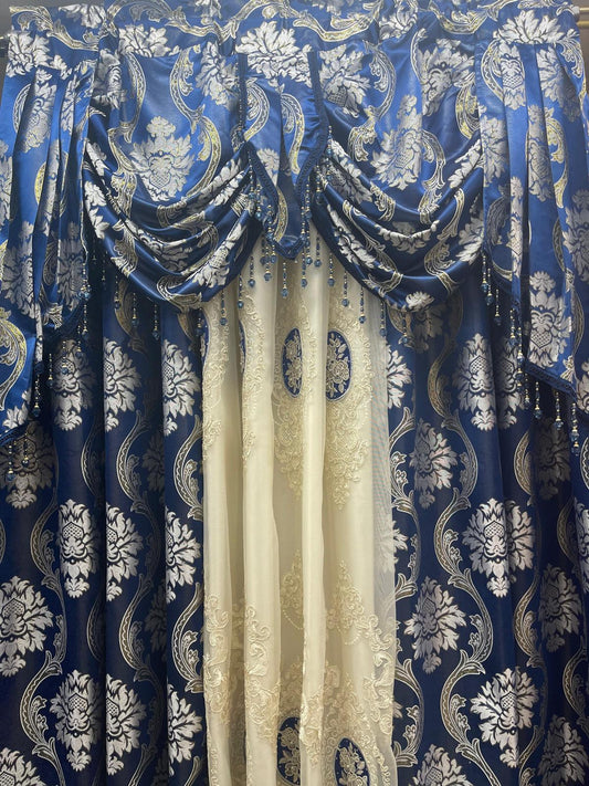 Luxury Mina Blue 5PC Curtain Set With Monalisa Embroidered Curtain - Stylish Curtains
