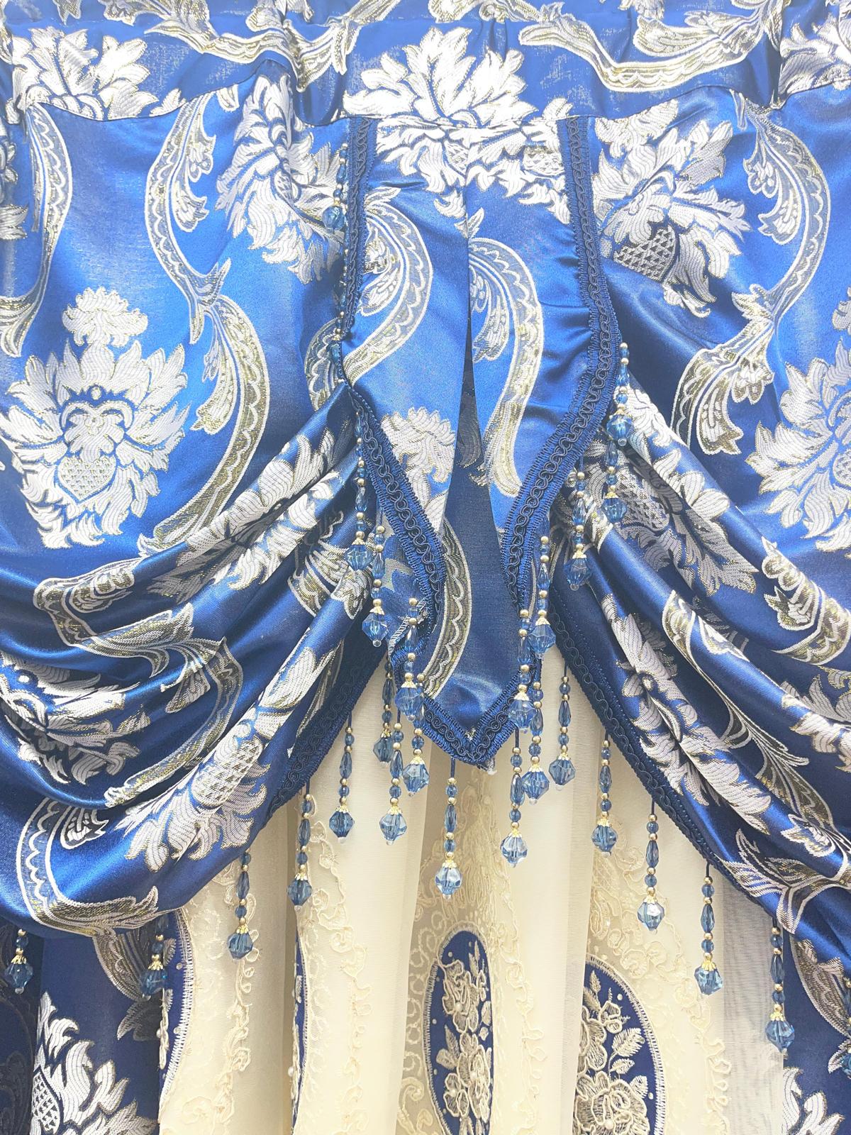 Luxury Mina Blue 5PC Curtain Set With Monalisa Embroidered Curtain - Stylish Curtains