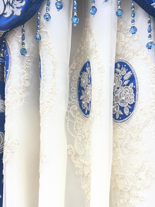 Luxury Mina Blue 5PC Curtain Set With Monalisa Embroidered Curtain - Stylish Curtains