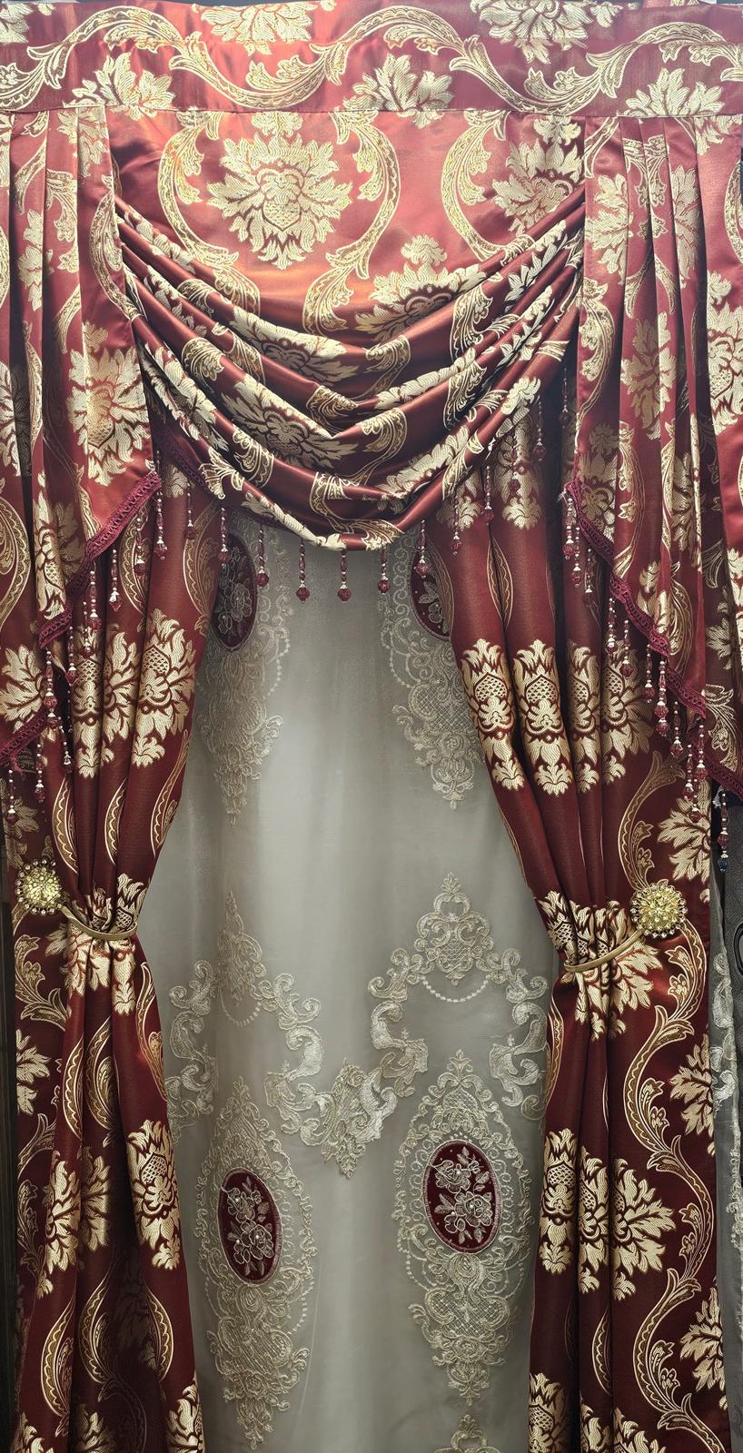 Luxury Mina Burgundy 7PC Curtain Set With Monalisa Embroidered Curtain & Magnetic Holders - Stylish Curtains