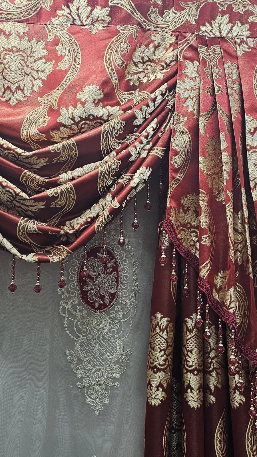 Luxury Mina Burgundy 7PC Curtain Set With Monalisa Embroidered Curtain & Magnetic Holders - Stylish Curtains