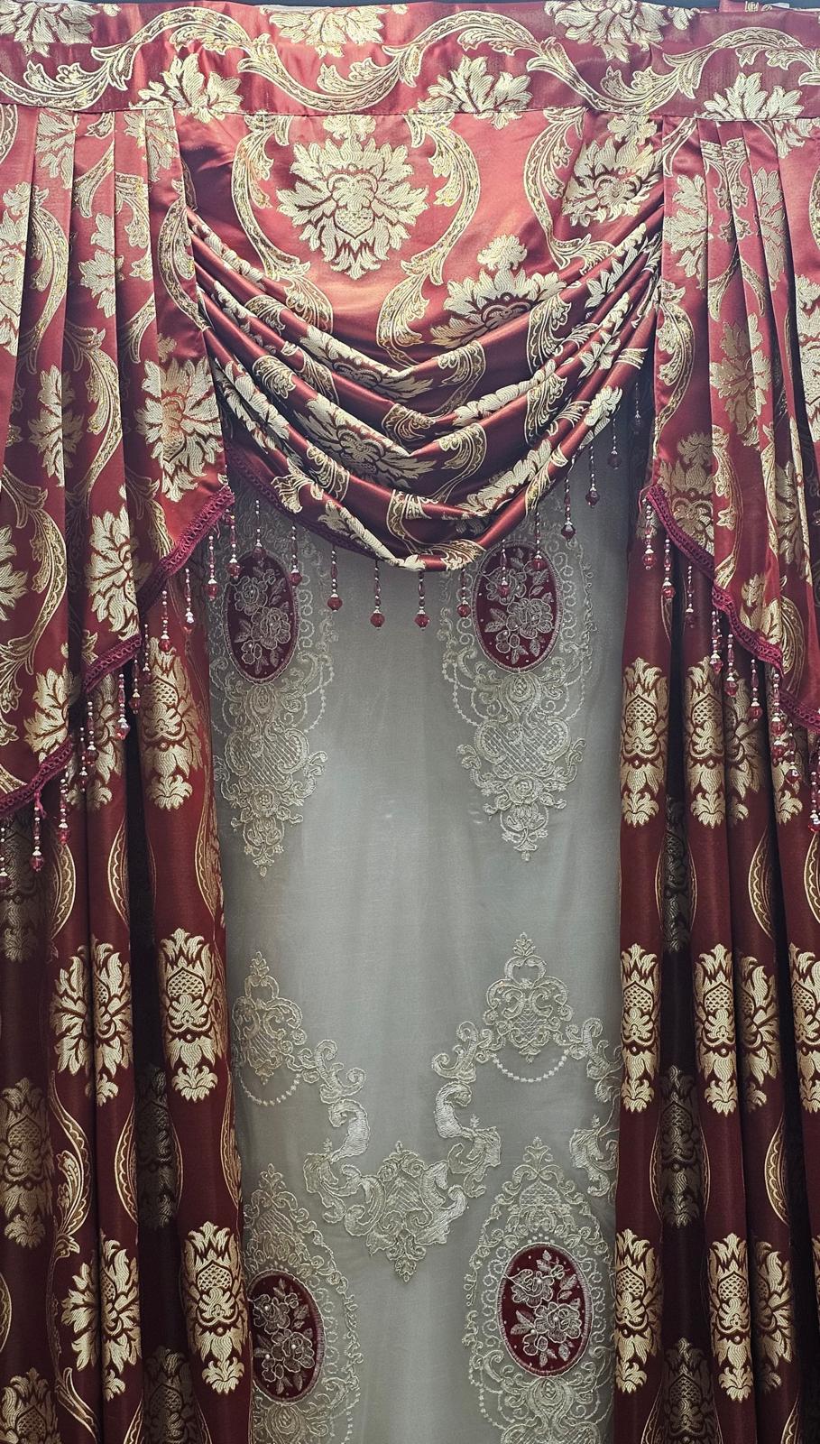 Luxury Mina Burgundy 7PC Curtain Set With Monalisa Embroidered Curtain & Magnetic Holders - Stylish Curtains